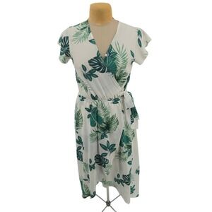 Dream of Me Tropical Leaf Faux Wrap Midi Dress Green White Large Vacation Resort